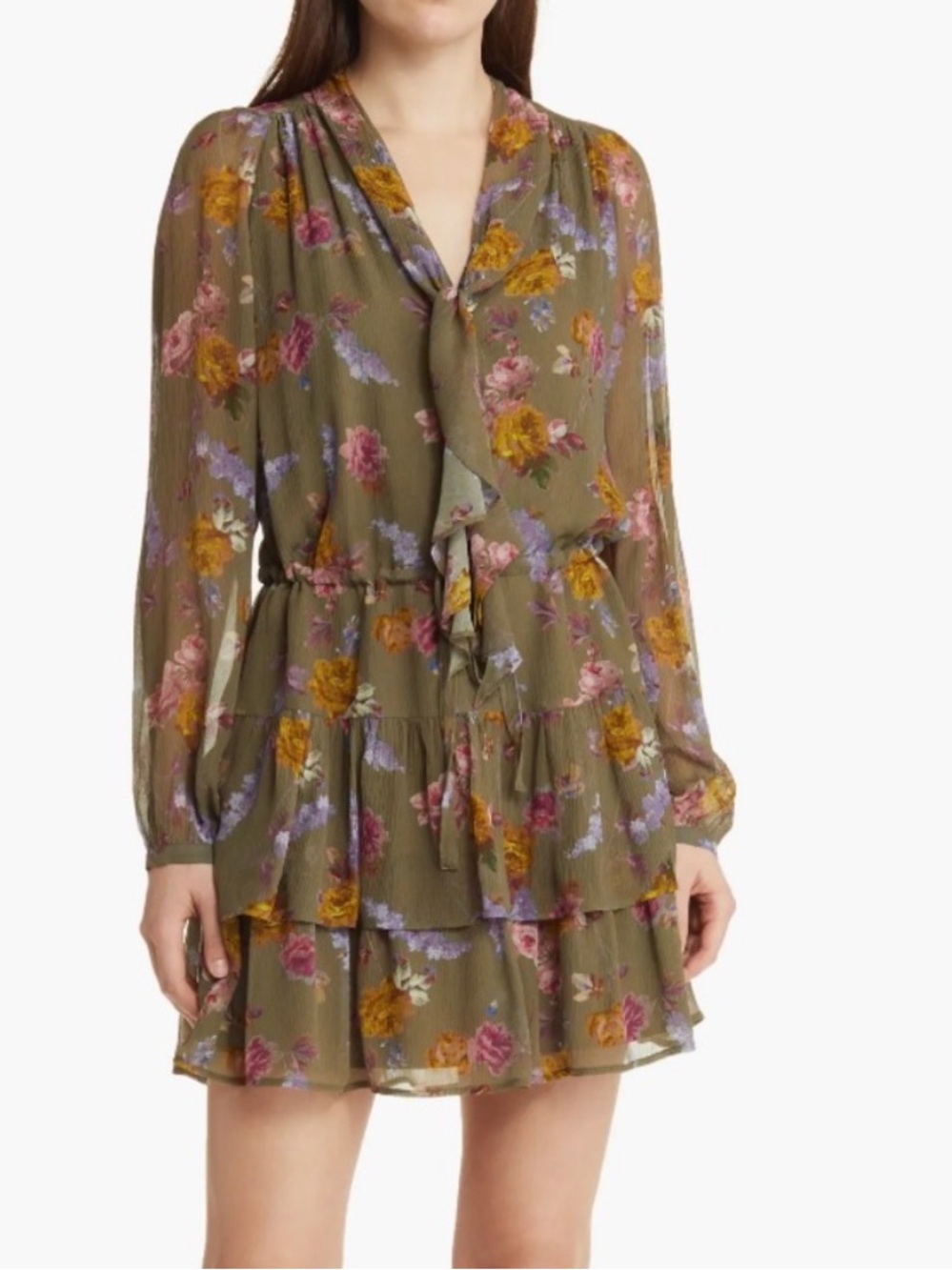 Paige elynne floral long sleeve silk chiffon tiered ruffle mini dress sz xs